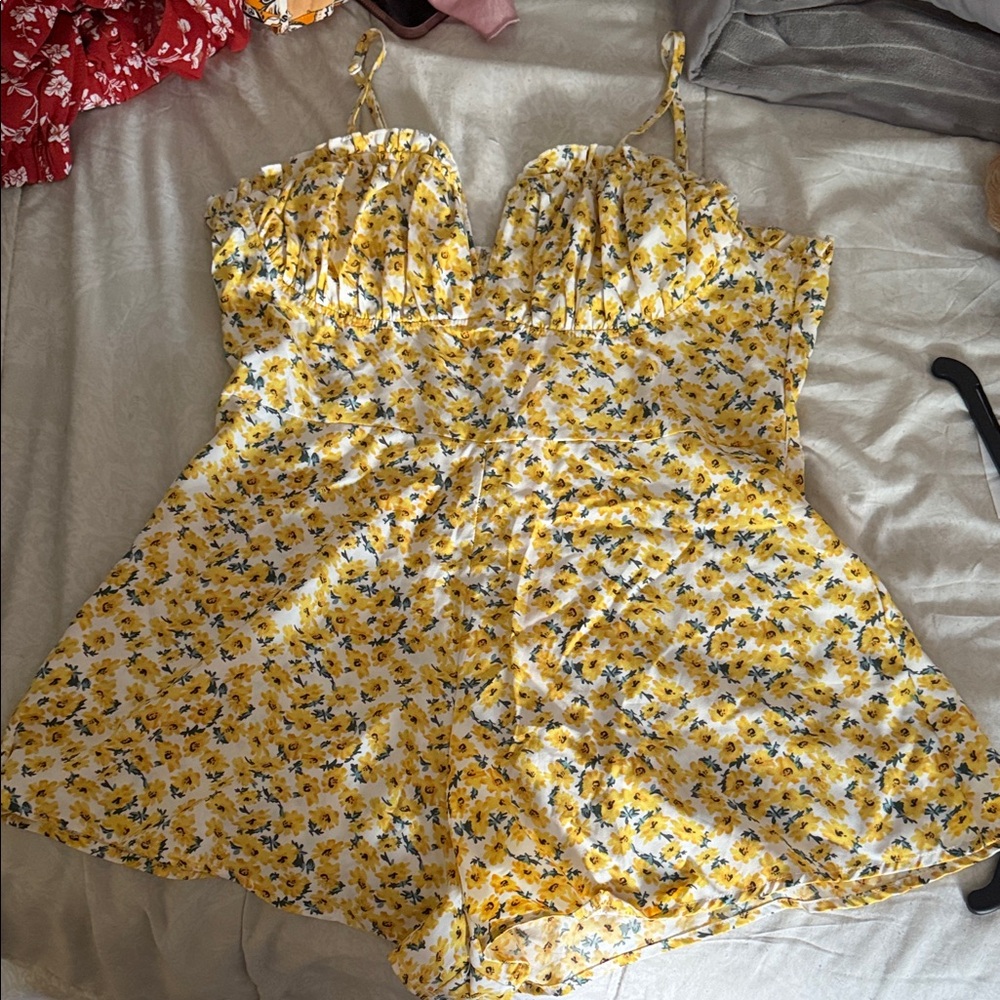 Yellow Floral Romper with Spaghetti Straps